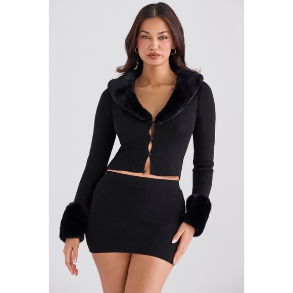 NEW House of CB Blanche Faux Fur Trim Cardigan Black Small - Picture 1 of 17